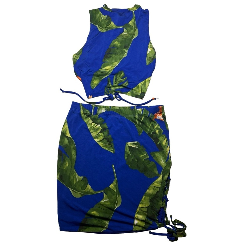 Windsor Blue and Green Leaf Print Skirt Set